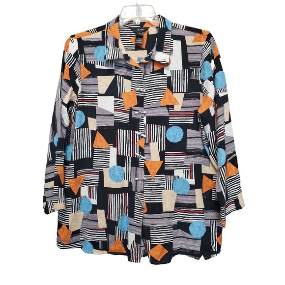 Ali Miles Patchwork Geo Print Roll-Tab Slv Back Zipper Accent Button-Up Tunic XL - Picture 1 of 10